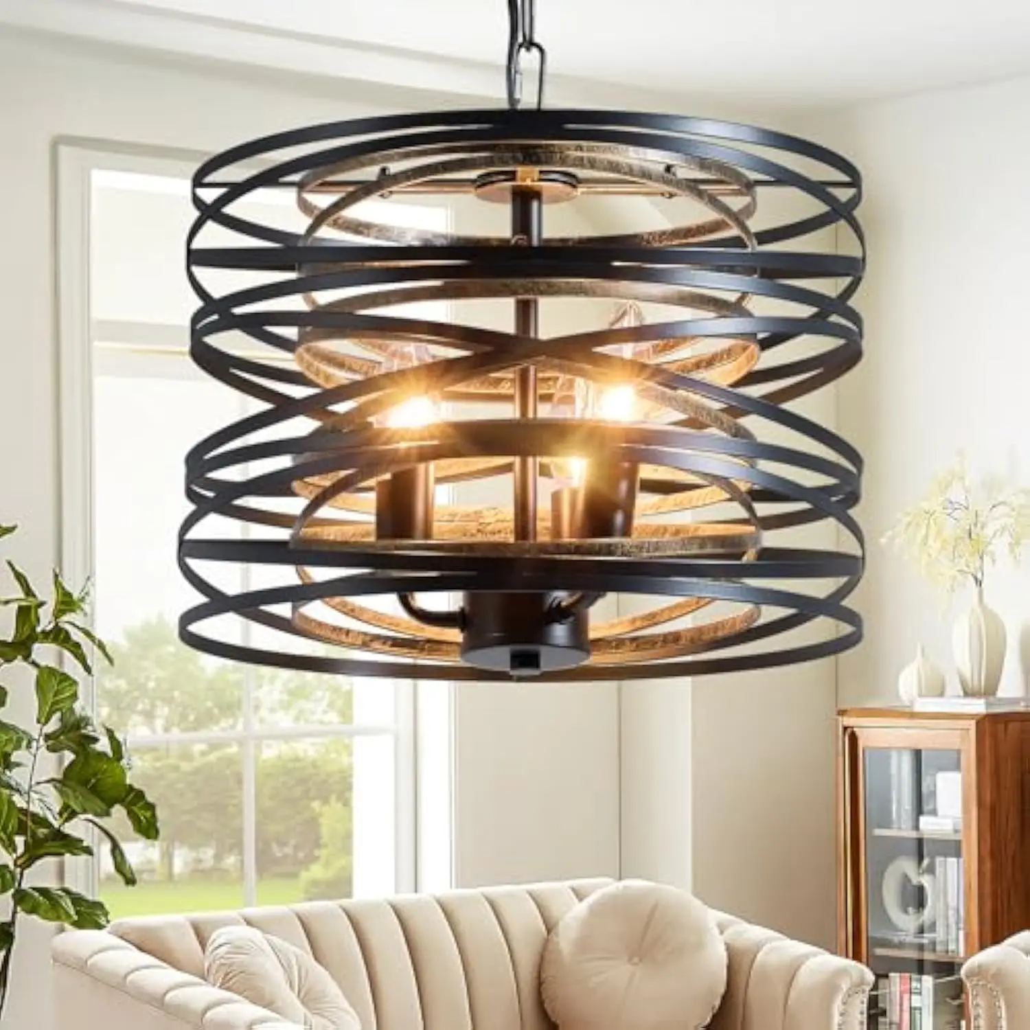 

Black Farmhouse Chandelier for Dining Room 12.6 Metal Spiral Pendant Light Fixture 3 Light Rustic Industrial Hanging Chandelier