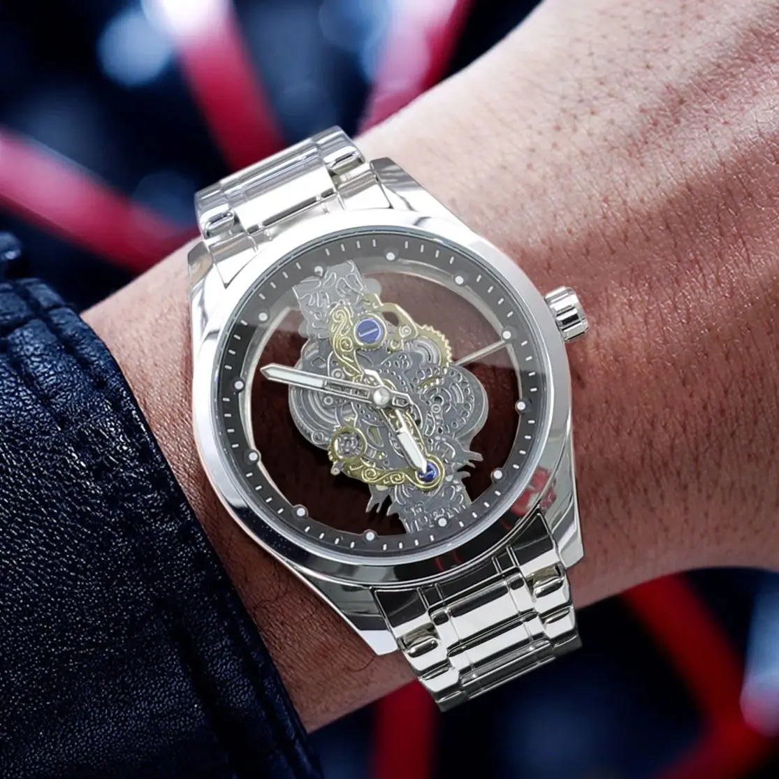 ساعة رجالية أوتوماتيكية فاخرة للأعمال من الطبقة العلوية، قرص دائري، تصميم هيكل عظمي على الوجهين، حزام من الفولاذ المقاوم للصدأ، كاجوال أنيق وبسيط ومضيء للرجال