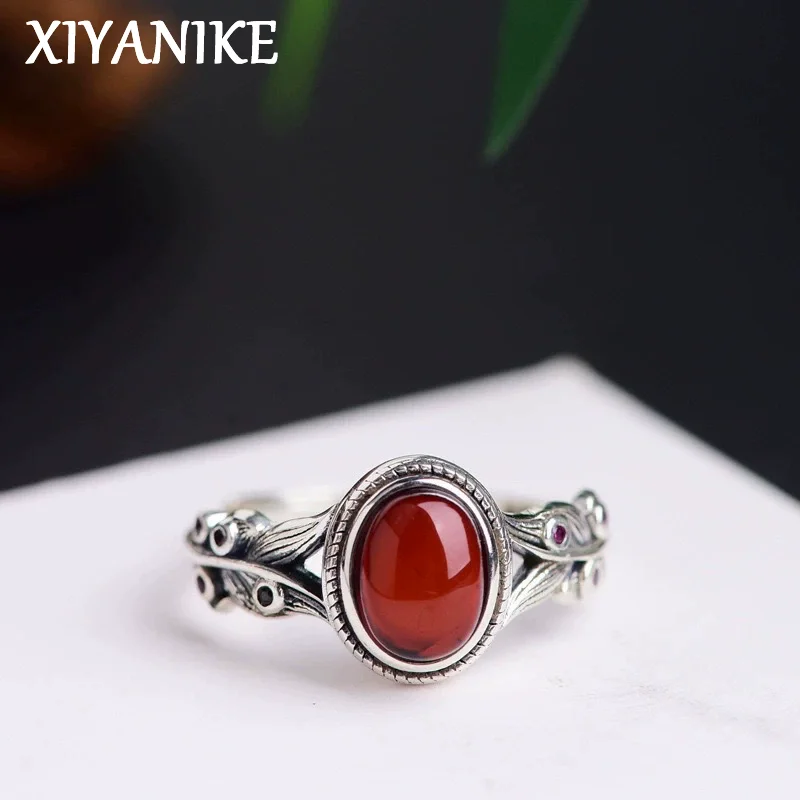 XIYANIKE Retro Wheat Ear Red Stone Adjustable Finger Rings For Women Fashion New Jewelry Gift Party Birthday anillos