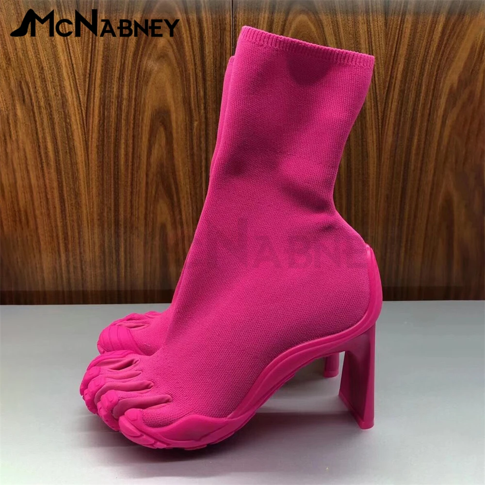 Five Fingers Sock Boots Stretch Fabric Ankle Boots Novelty Style High Heels for Women Women Heeled Toe Outside Shoes Solid Color