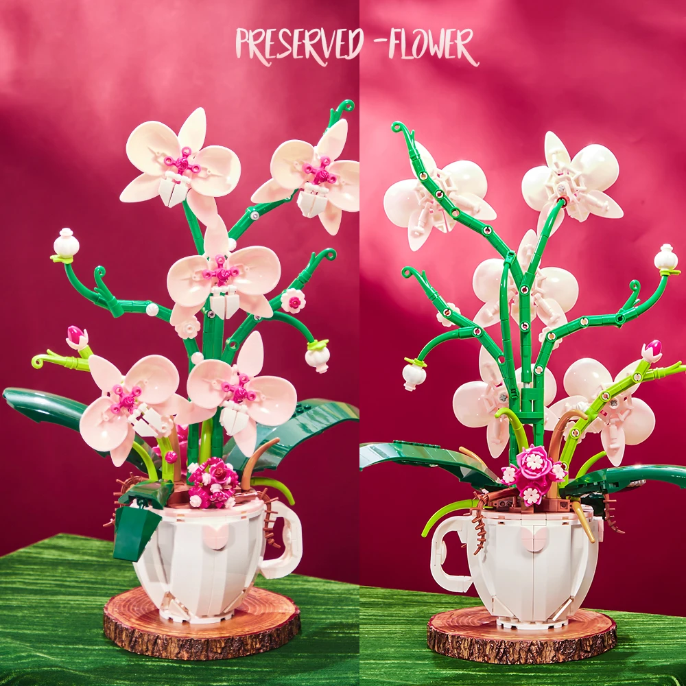 

Конструктор 3D-букет из кубиков MOC: Кофейная чашка с орхидеями в горшке. Строительные блоки DIY для декора дома и рабочего стола. Подарок для мамы.