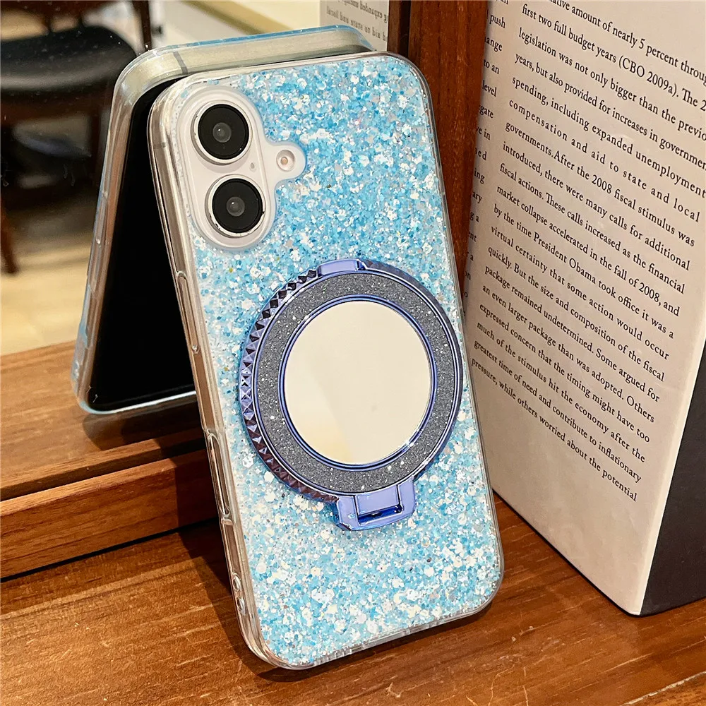 Sequin Glitter Mirror Stand Holder Case For iPhone 16 15 14 13 12 11 Pro Max X XS Max XR 7 8 Plus Soft Silicone Shockproof Cover