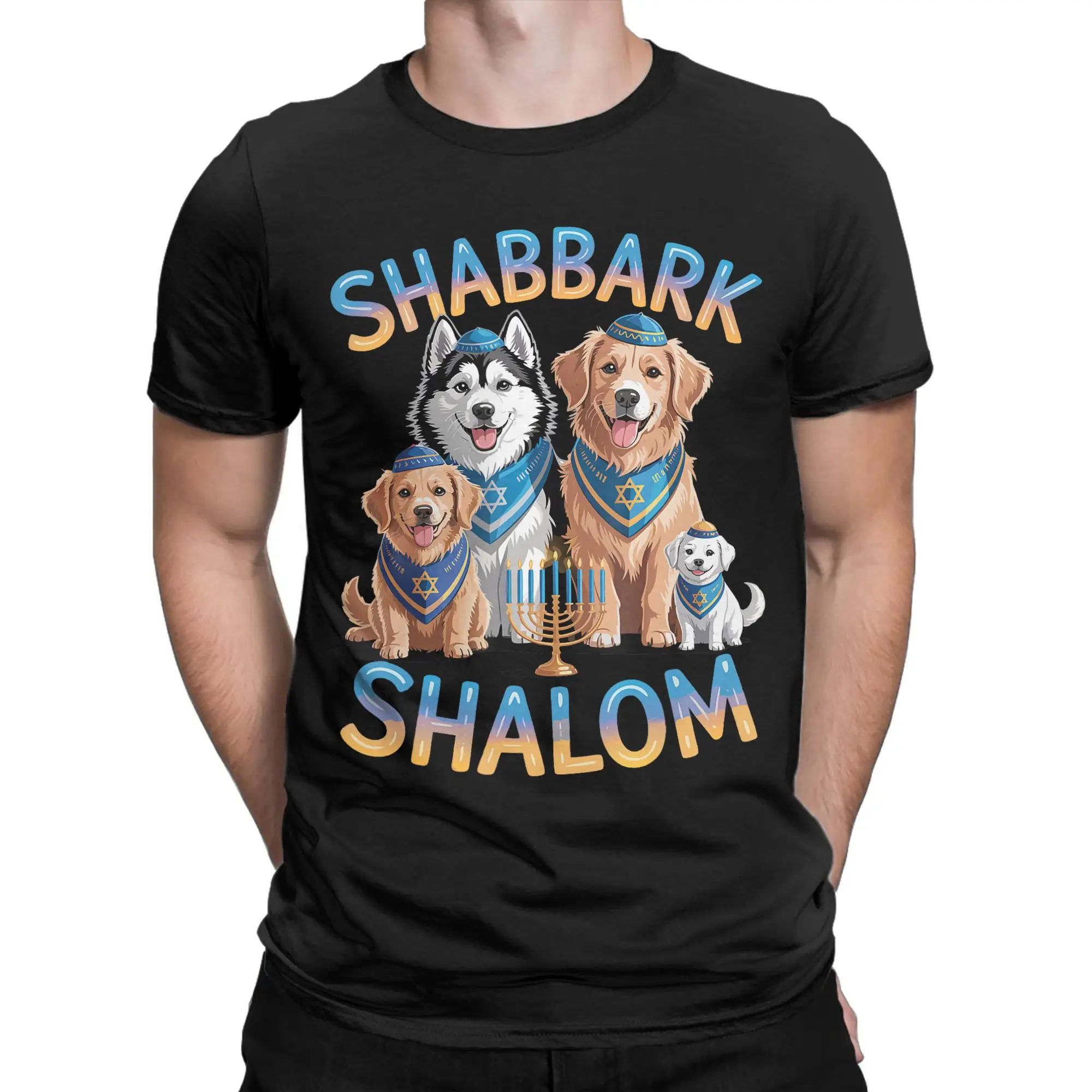 Jewish Dog T Shirts Men's  Pure Cotton Funny T-Shirts Crew Neck Shabbark Shalom Hanukkah Tee Shirt Short Sleeve Clothing