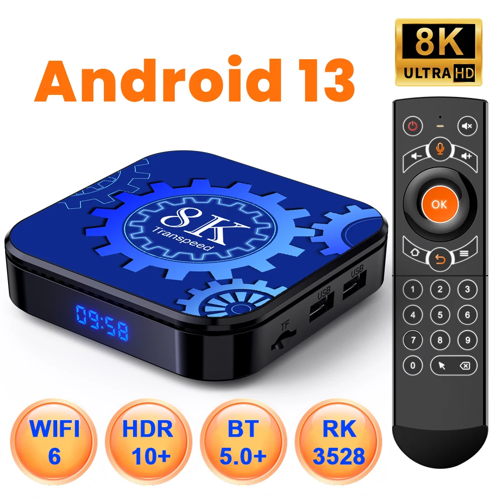 Transpeed Android 13 TV Box Wifi6 Dual Wifi Support 8K Video BT5.0+ RK3528 4K 3D Voice Media Player Set Top Box