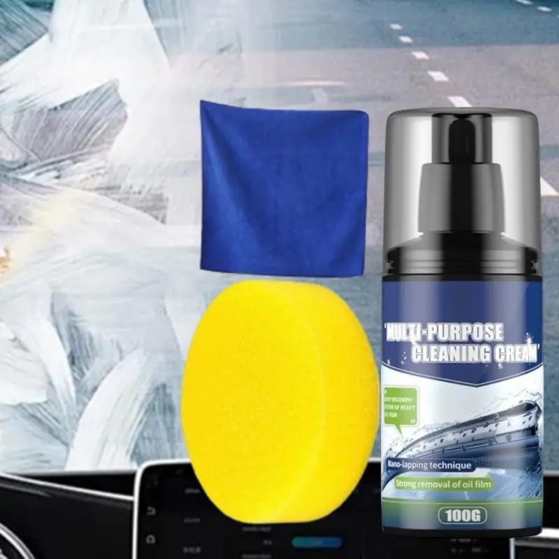 Windshield Oil Film Remover Car Window Cleaner Multifunctional 100g Auto Glass Cleaner Includes Sponge & Towel For Car Window