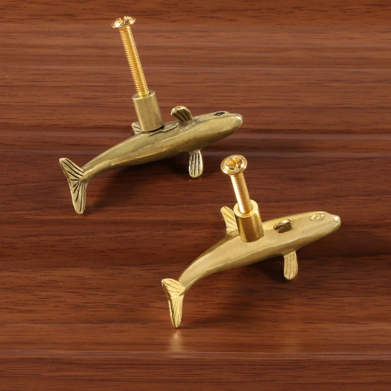 Brass Fish Cabinet Knobs Animal Drawer Pull Handles Vintage Door Knobs, Furniture Decor Mounting Screws Furniture Knob