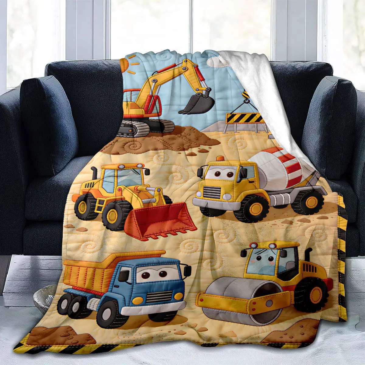 1pc 2D Flat-print Lightweight Flannel Blanket, Construction Site Cartoon Engineering Vehicle Blanket with Excavator and Bulldoze