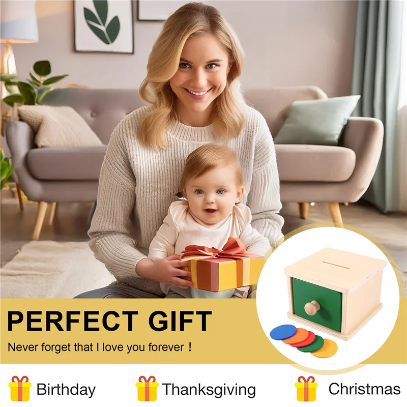 A04F-ไม้ช่วยสอนMontessoriเหรียญกล่องไม้ที่มีสีสันโยนเหรียญกล่องลิ้นชักทักษะTrainin Early Education