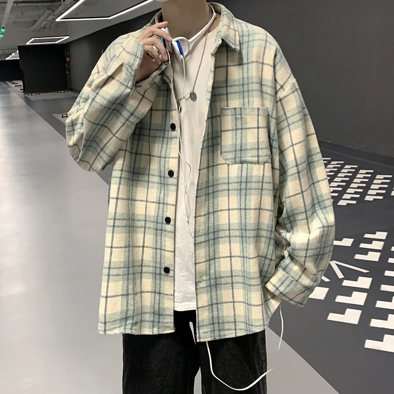 Men's Plaid Long Sleeve Shirt Loose Fit Thin Style Autumn Spring Casual Wear Sun Protection Outerwear Classic Check Pattern