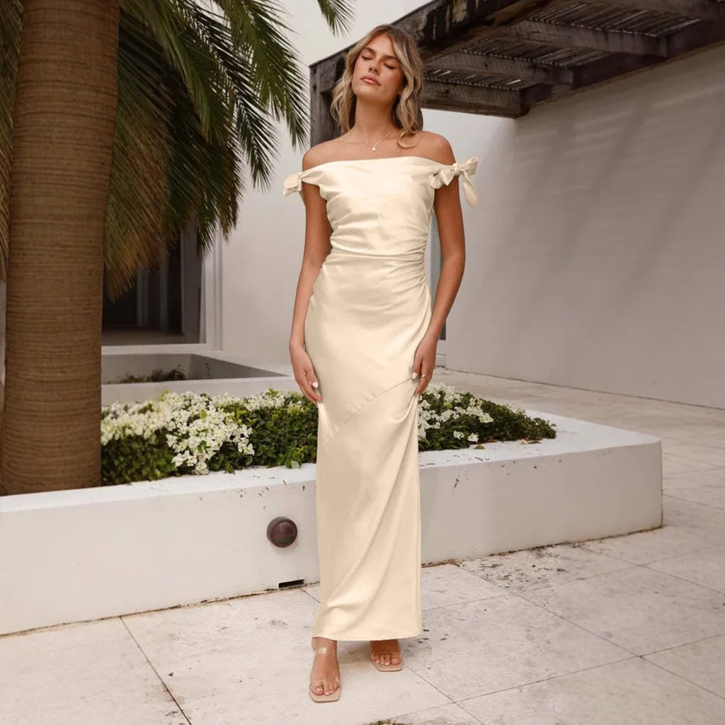 여성을위한 우아한 새틴 오프 어깨 레이스 업 파티 긴 드레스 봄 여름 슬림 솔리드 드레스 여성 결혼식 저녁 가운