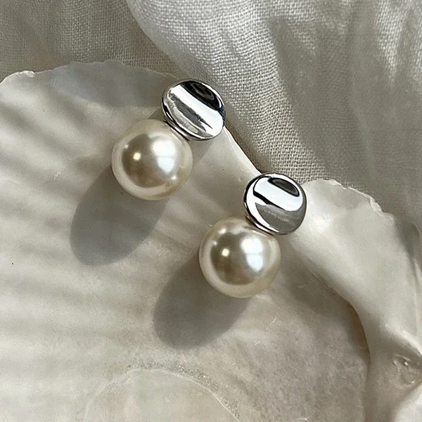 PONYKISS 925 Silver Needle Bead Pearl Round Stud Earrings for Women Classic Fashion Jewelry Minimalist Geometric Accessories