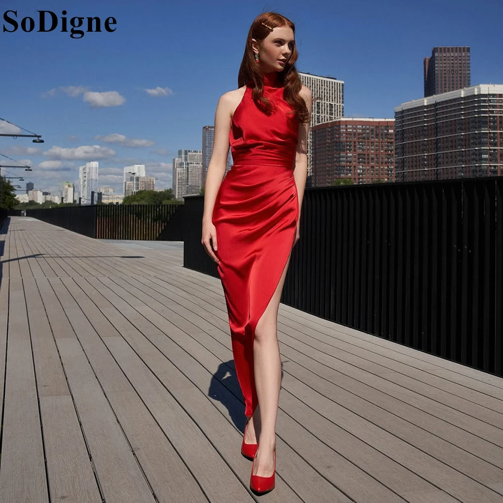 

SoDigne Sexy Red Satin Evening Dresses Mermaid High Neck Side Slit Draped Gala Party Dress 2025 Simple Prom Gowns Customized