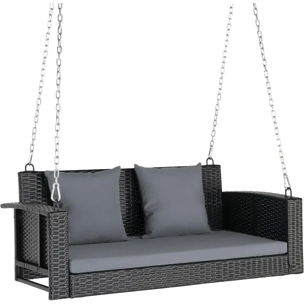 Outdoor Porch Swing, Wicker Patio Swing with Chains, Gray, 4 T