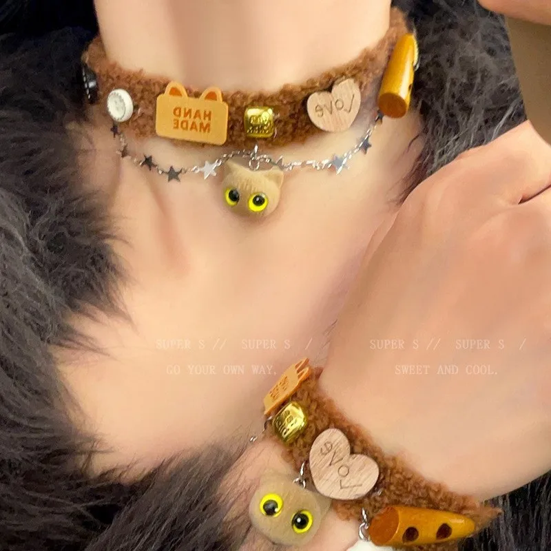 Y2K Plush Bear Choker For Woman Fashion Wooden kawaii Bear Bow Cartoon Collar Neklace New Sweet Jewelry Unisex Accessories