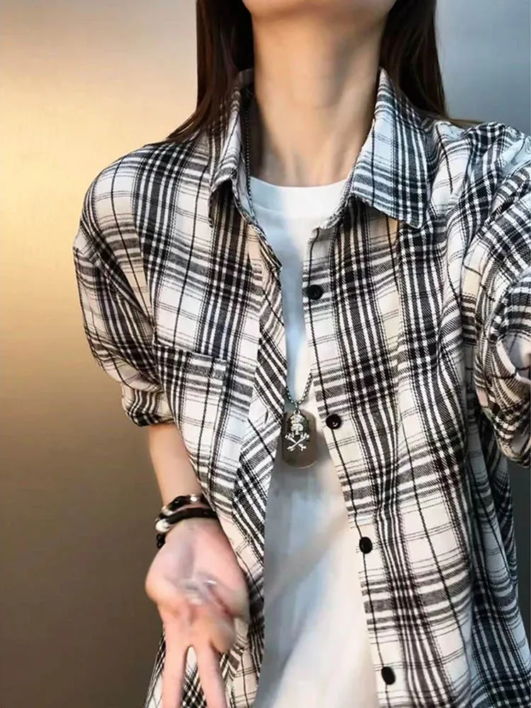 Black Plaid Long Sleeve Shirt Men's Women's Spring Autumn Fashionable Retro Collar Couple's Outerwear Casual Style Urban Youth