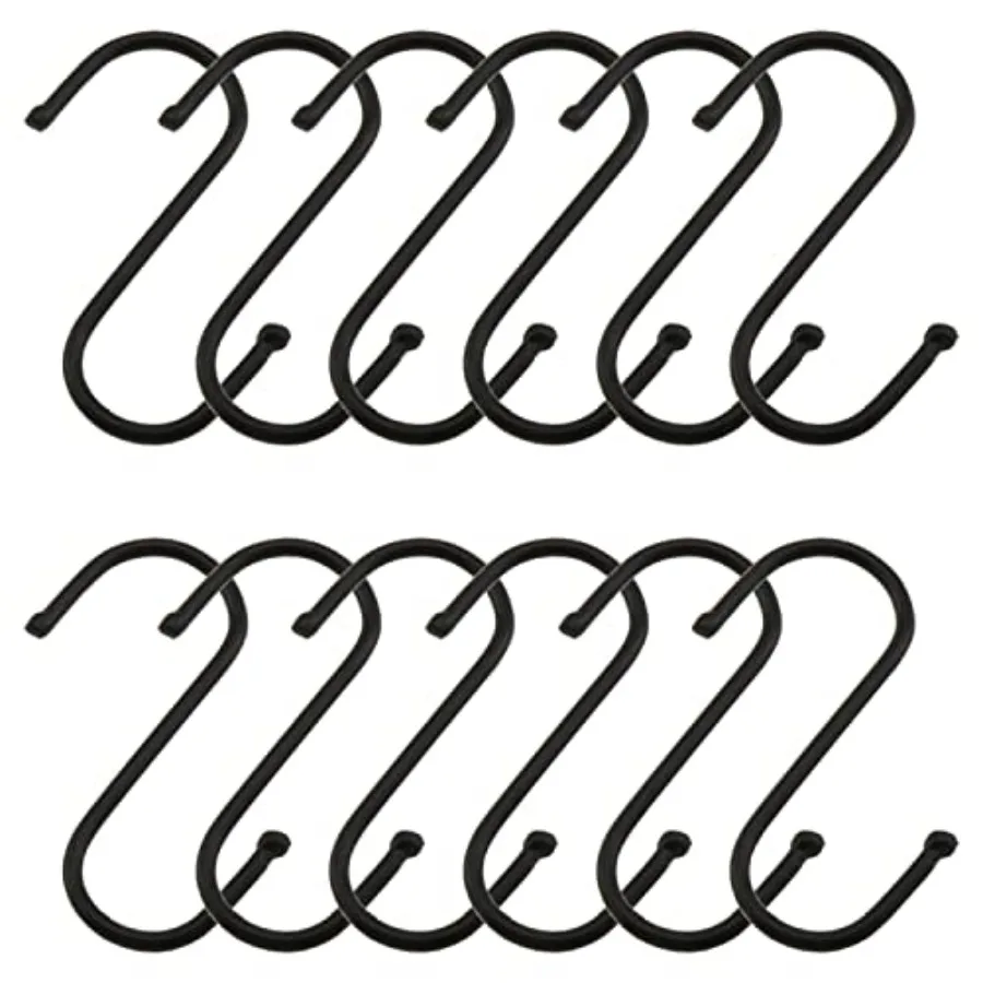 

S-крючок, 12 шт., 2,7 x 0,8 x 0,1 л.ч, черные сверхпрочные S-образные крючки из нержавеющей стали, вешалки для подвешивания кастрюль и сковородок, растений, посуда