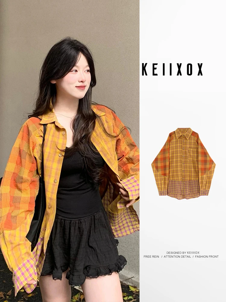 

Women Patchwork Plaid Shirts and Blouses Y2k Vintage Korean Harajuku Fashion 90s Elegant Long Sleeve Polo-Neck Shirt Top Clothes