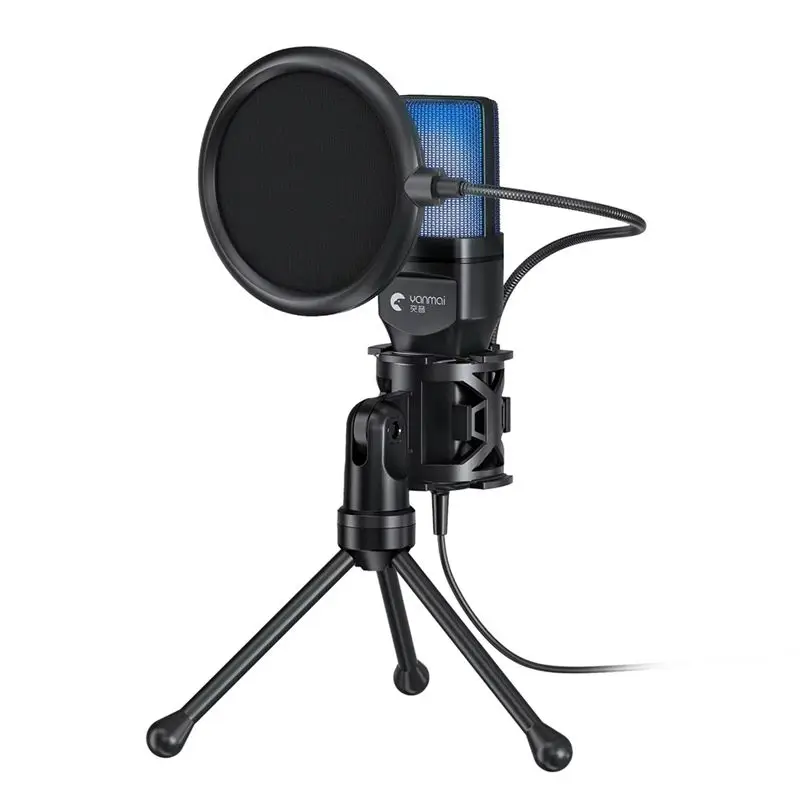 Micrófono para juegos Yanmai Tripod RGB, micrófono USB para grabación en vivo con reducción de ruido inteligente para PC móvil, portátil, transmisión