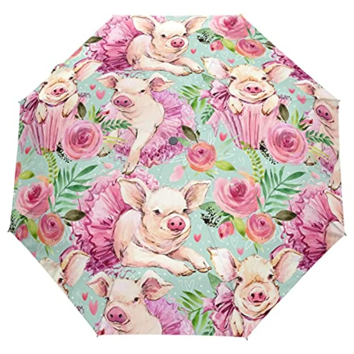 Cartoon Pig Sunflower Rain Umbrellas Cute Farmhouse Animal Windproof Folding Travel Umbrella Portable Umbrella for Adults Teens