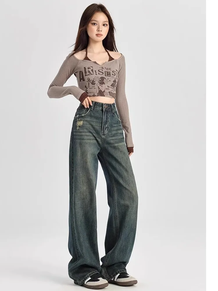 

High Waist Wide Leg Straight Cut Jeans Women's Spring 2025 New Cement Grey Loose Slimming Long Pants Casual Style Multi Pocket