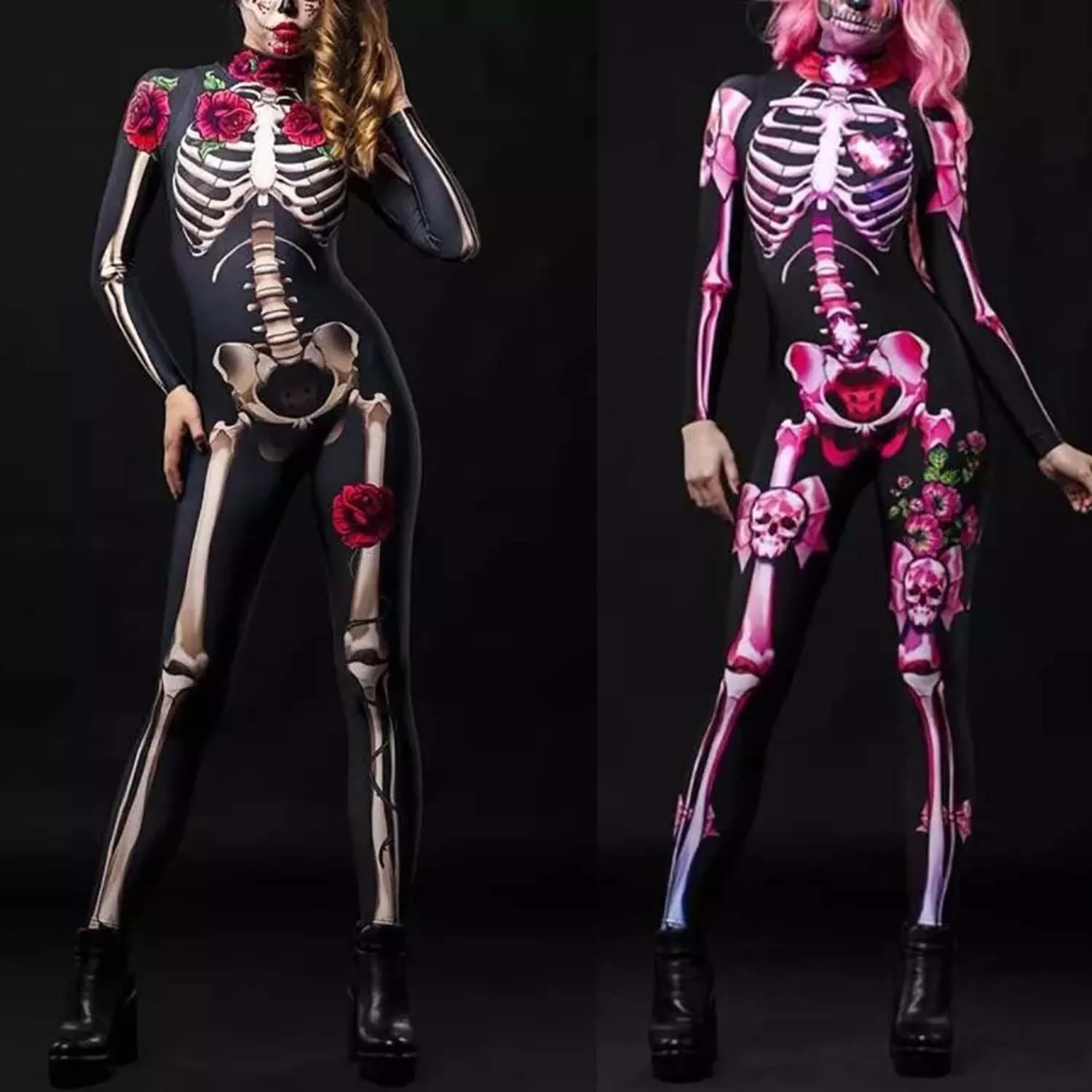 Adult Kids One Piece Day of the Dead Rose Skeleton Jumpsuit Halloween Costume