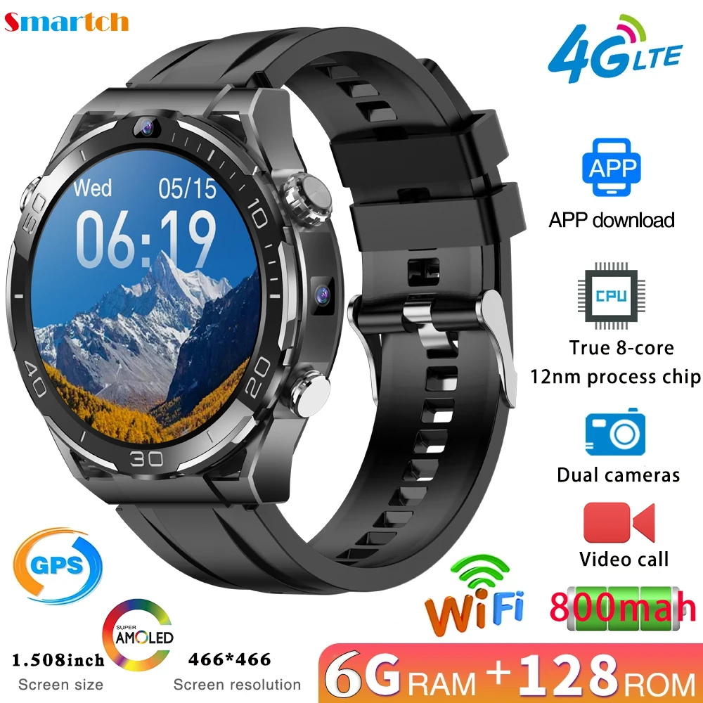 6+128GB Smart Watch Heart Rate Health Monitor GPS Waterproof SIM Card Dual Camera 4G Video Call Smartwatch Men Lady App Download