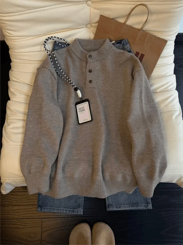 

Men's Knitted Henry Collar Sweater ey-Blue Autumn Winter Lazy Sle Base Layer Cleanfit Inner Woolen irt Loose Fit Long S...