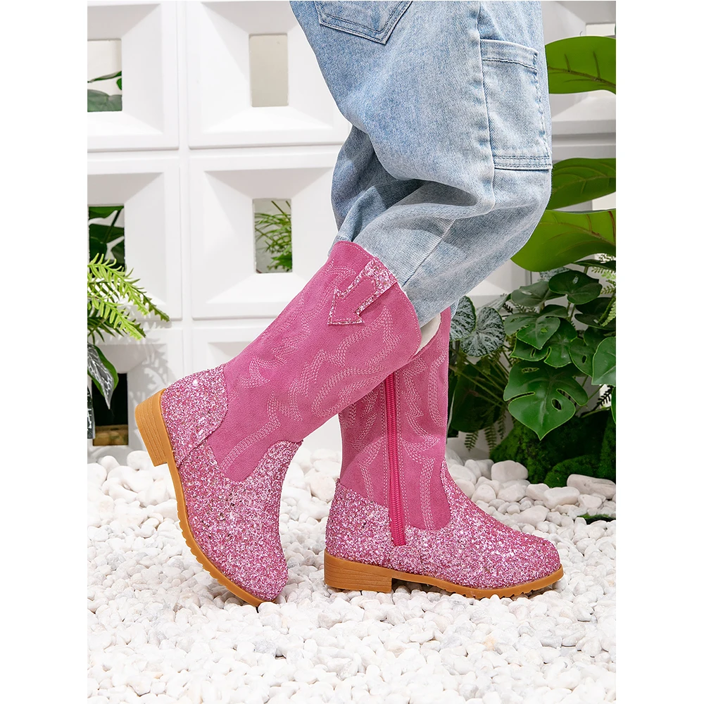 2024 Autumn Winter Fashion Girls Warm Fur Boots Kids Vintage Embroidered Sequins Boots Cowboy Martin Long Boots Toddler Shoes