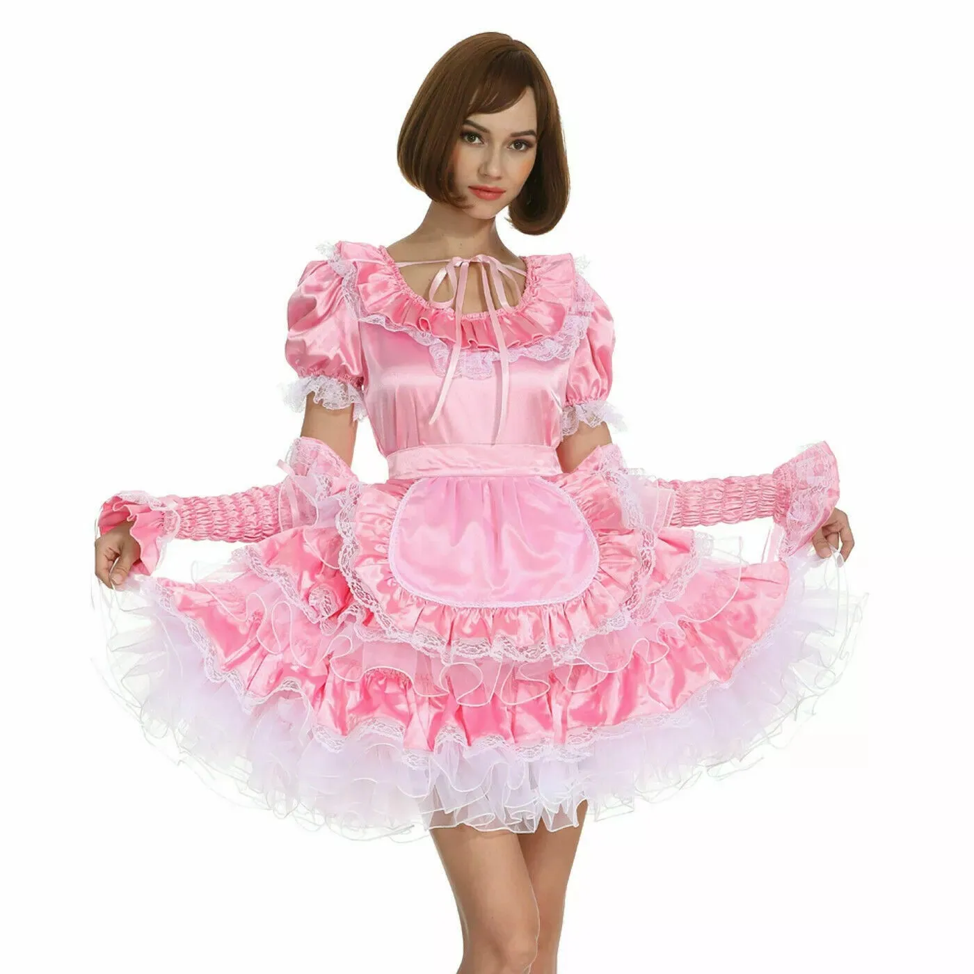

Sexy sissy French maid pink satin lockable multi-layer lace ruffled dress maid cosplay costume customizable