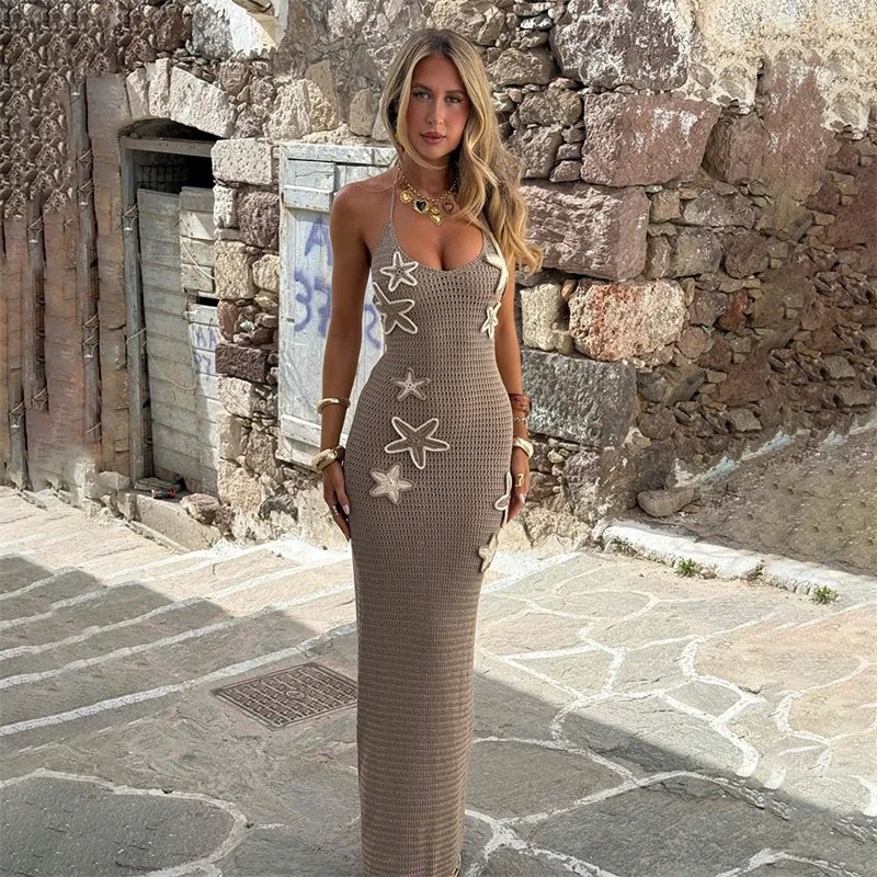 Women's Halter Neck Backless Lace-Up Bandage Dress Knitted Bikini Cover-Up Summer Crochet Swimwear Robe Sexy Beach Bathing Suit