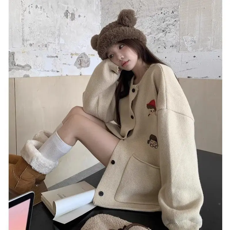 

Large Sweet Medium Long Embroidered Soft Glutinous Sweater Cardigan Coat Women's Fashion Knitted Top