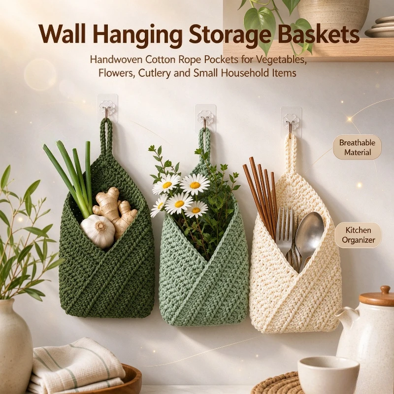 3PCS Wall Mounted Storage Bag Hand Woven Cotton Rope Storage Net Pocket Wall Hanging Organizer For Kitchen Bedroom