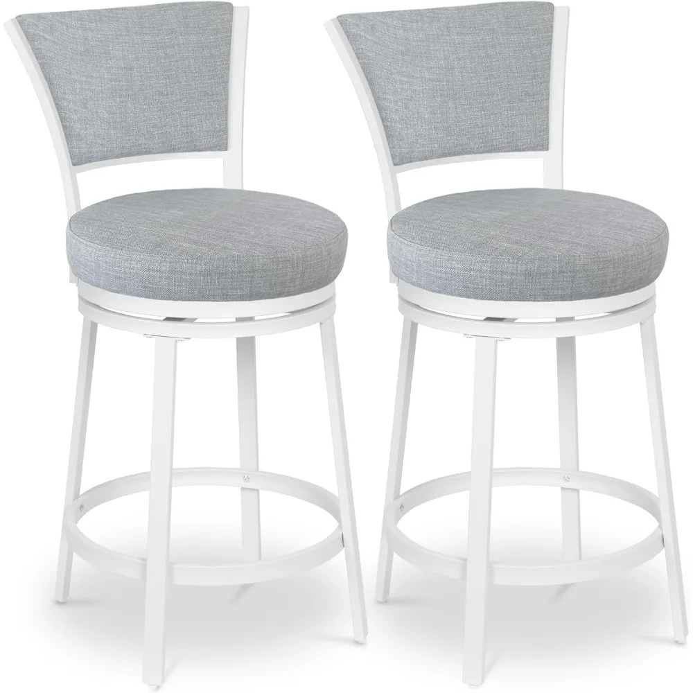 Bar Stools Set of 2, 25 Inch Metal Counter Height Bar Chairs, Modern Linen Fabric 360° Round Swivel Barstools with Back, Counter