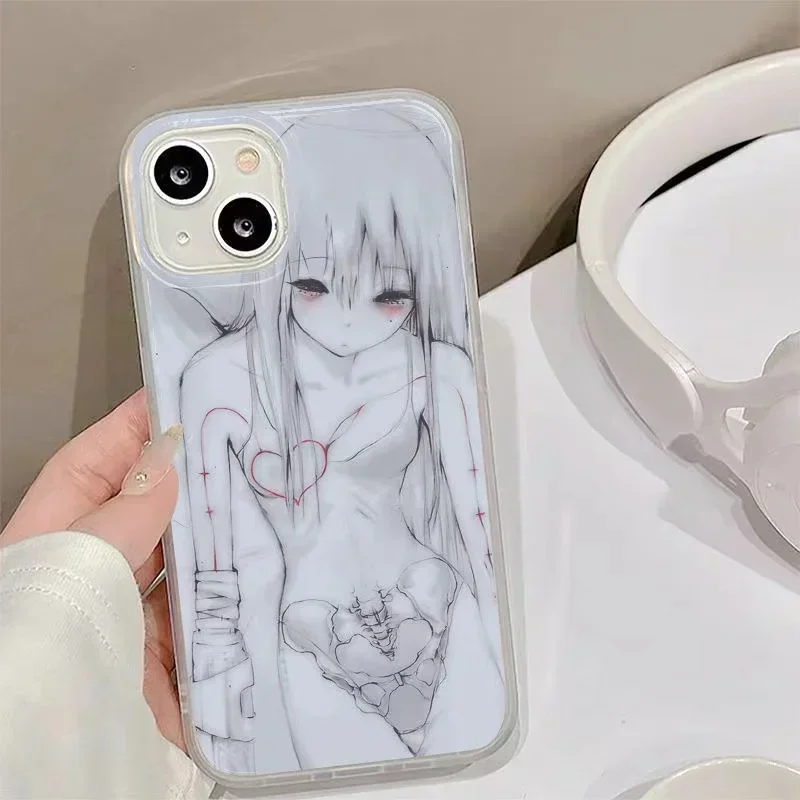 Y2k Sexy Anime Girl Phone Case for Samsung Galaxy A73 A72 A55 A54 A53 A52 A34 A33 A32 A23 A14 A13 5G Feather Texture Hard Cover