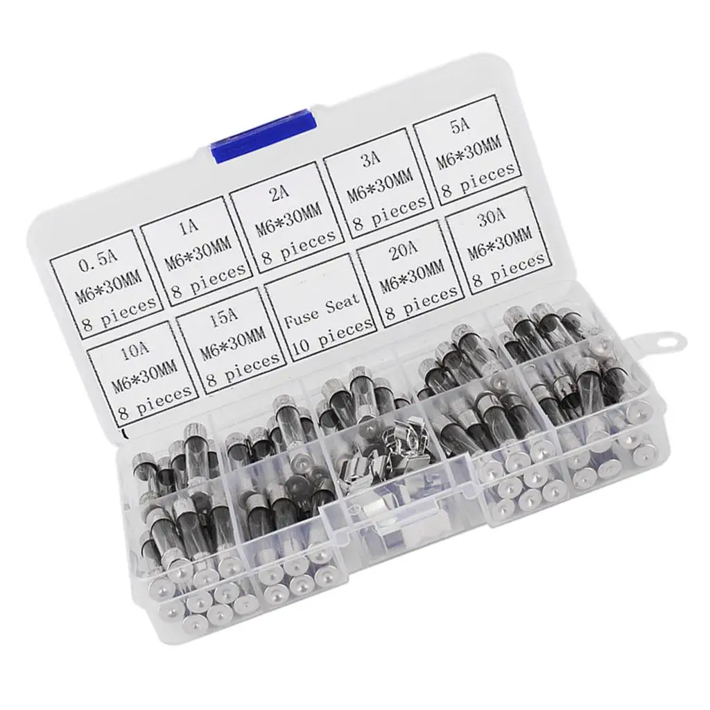 72 Pcs Fine Fuse Glass Fuse 6x30mm Auto Electrical Assorted 250V 0.5 -