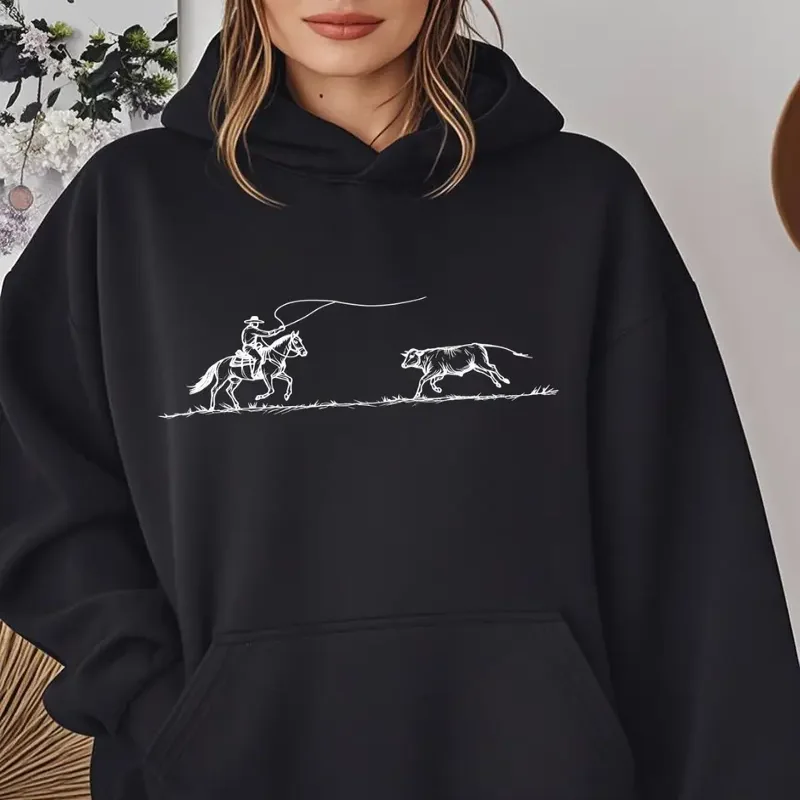 

Женская толстовка с капюшоном, повседневная свободная посадка, повседневная одежда, уютный пуловер с принтом ковбой и быка и карманом-кенгуру, осенне-зимняя уличная одежда
