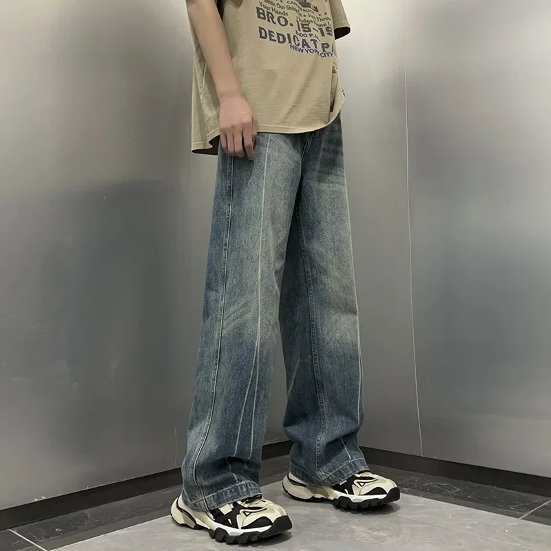 الرجال خمر جيوب فضفاضة المتعثرة غسلها المتعثرة عالية الخصر جان 2025 الصيف ابيض الصلبة كامل الجينز السراويل المستقيمة