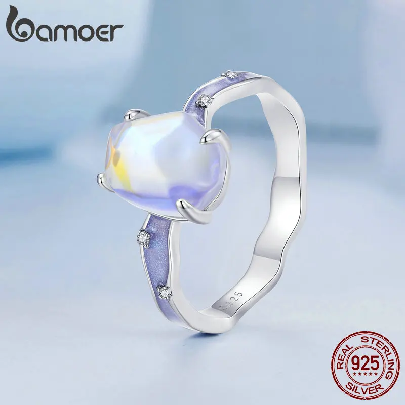 Bamoer Solid 925 Sterling Silver Purple Stone Aurora Ring Wave Band Ring for Women Party Fine Jewelry Gift