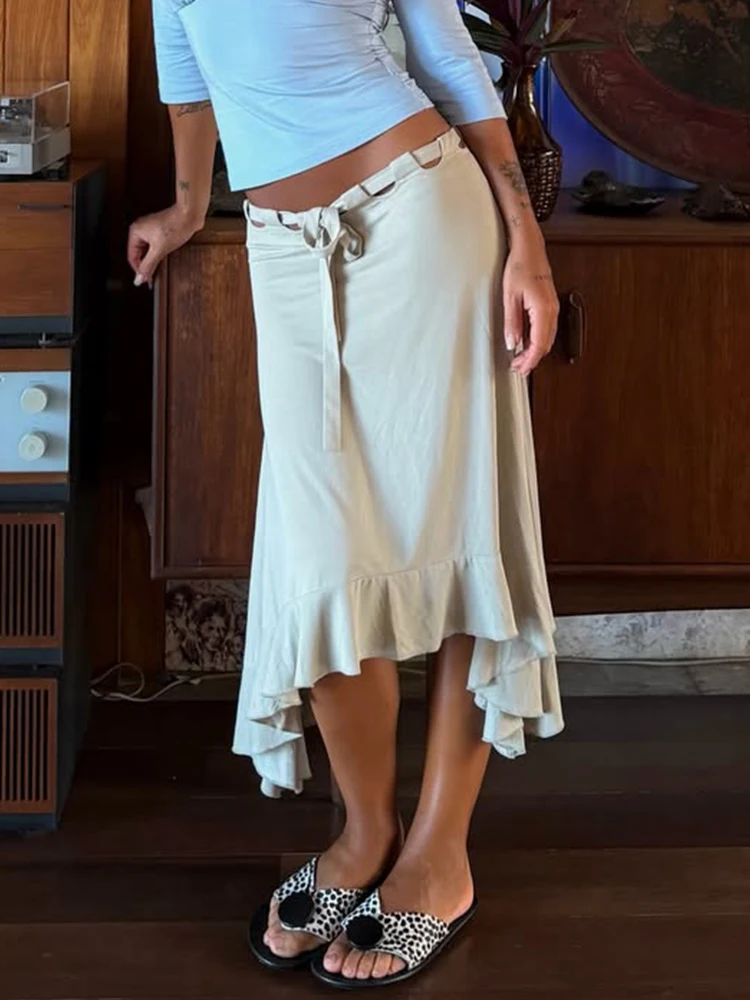 

Trendix Lace Up Ruffle Skirt Women Fashion Asymmetrical Hollow Out Short Skirts Summer Party Casual Vintage Street Loose Skirt