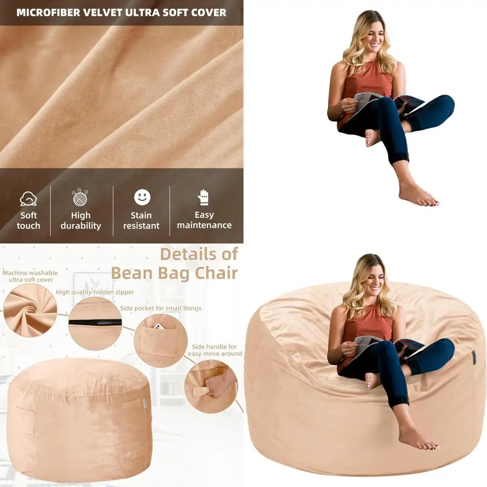 

Luxurious 3ft Velvet Bean Bag Chair with Memory Foam for Adults - Plush, Soft, & Comfortable Sofa in Khaki
