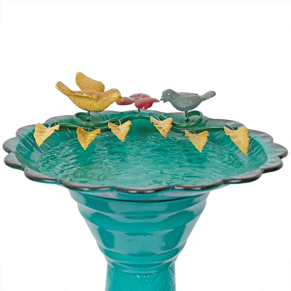 Metal Green Birdbath with Birds and Leaves Metal outdoor bird bath suitable for gardens, terraces, and backyards