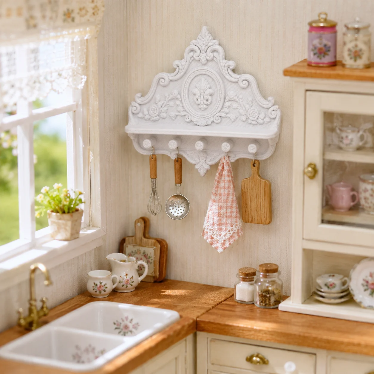 Miniature carved wall hanging frame, with hooks for storage, wall frame for doll house decoration model accessories