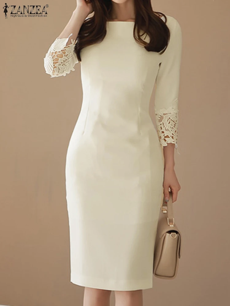 ZANZEA 2023 Autumn Women Lace 3/4 Sleeve Vestidos Korean Collect Waist Slim Party Evening Dress Solid Elegant Round Neck Dress
