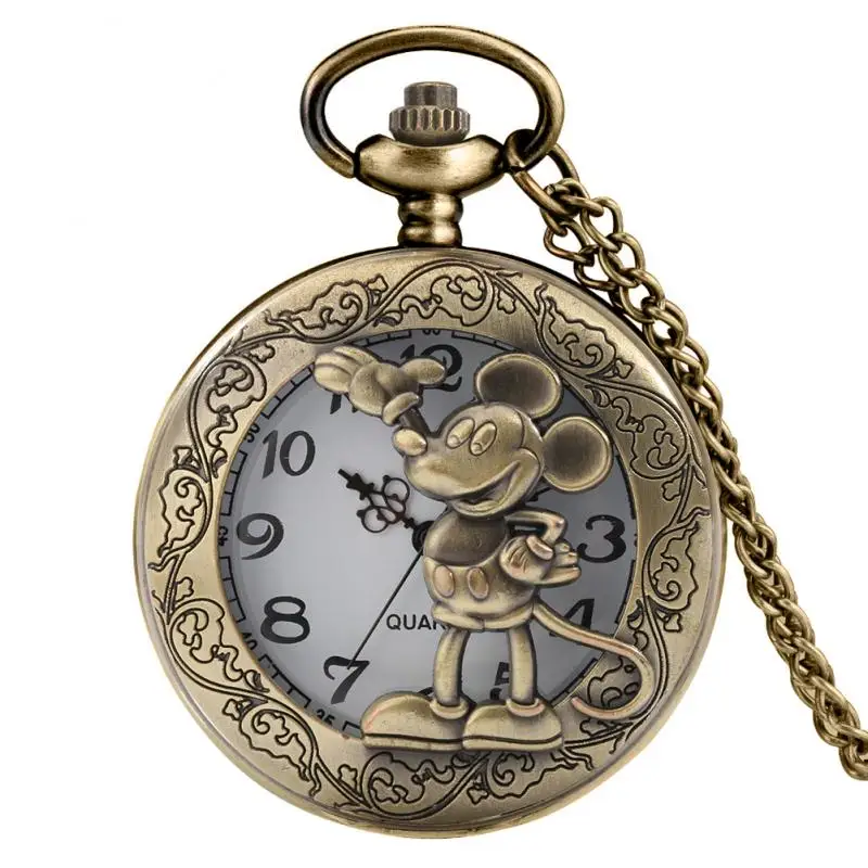 Old Fashioned Comic Cartoon Bronze Mouse Pattern Quartz Pocket Watch Necklace Pendant FOB Antique Clock with 80cm/30cm Chain