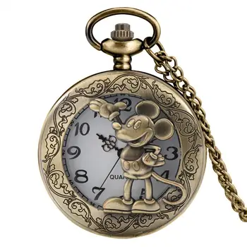 Ouderwetse Comic Cartoon Brons Mouse Patroon Quartz Zakhorloge Ketting Hanger Fob Antieke Klok Met 80Cm/30cm Ketting