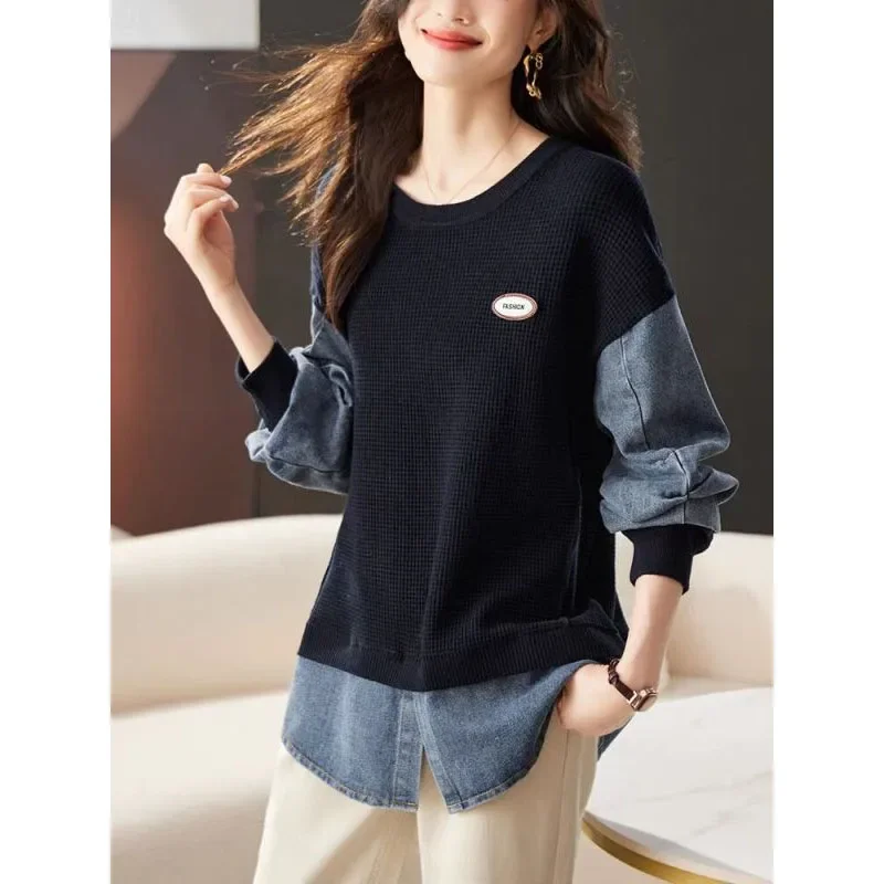 2024 New Women's Spring Autumn Crew Neck Cashmere Patchwork Knitted Fake Two Pieces Fashion Loose Long Sleeve Casual Tops