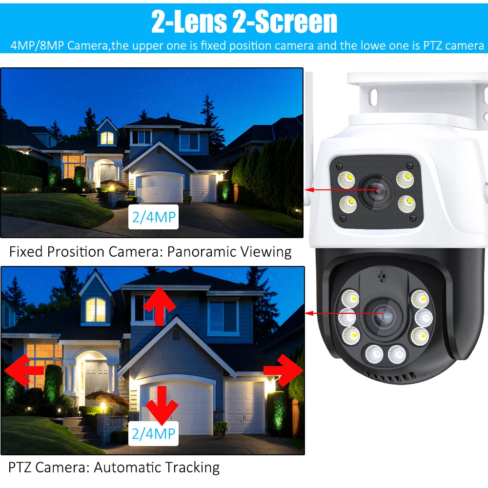 PTZ WiFi Dual Lens Camera com Tela Dupla, AI Human Detect, Auto Tracking, Câmera de Vigilância Sem Fio, iCSee App, 4K, 8MP