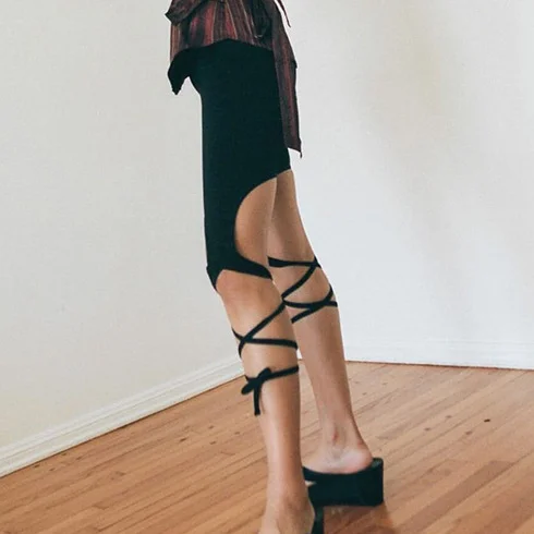 

Fashion 2022 New Style Knee Length Sexy Strappy Casual High Waist Pants Unique Leggings Black Purple Casual Sexy Female Trousers