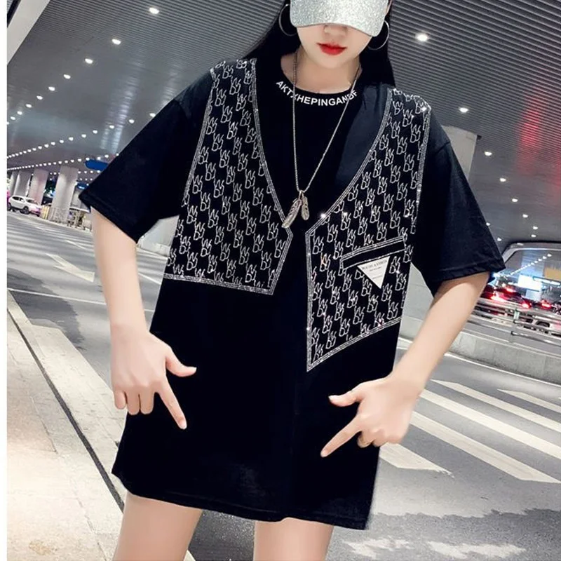 Summer New Round Neck Fashion Short Sleeve T-shirt Women High Street Casual Loose Pullovers Diamonds Patchwork Pure Cotton Tops