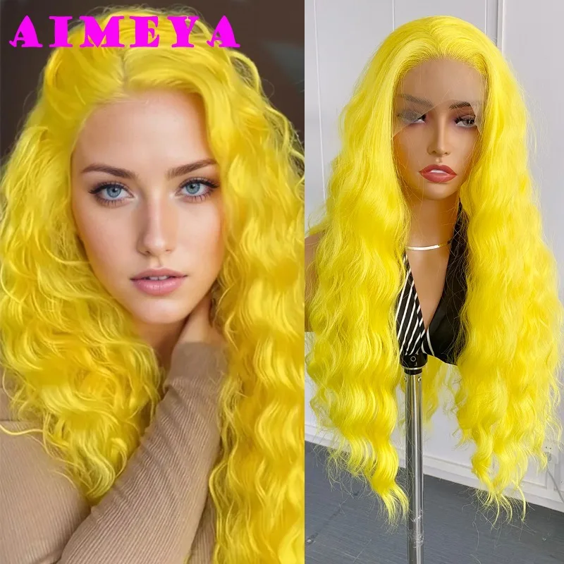 AIMEYA Yellow Lace Front Wig Long Deep Wave Synthetic Hair Heat Resistant Natural Hairline Lemon Yellow Wig Daily Wear Cosplay